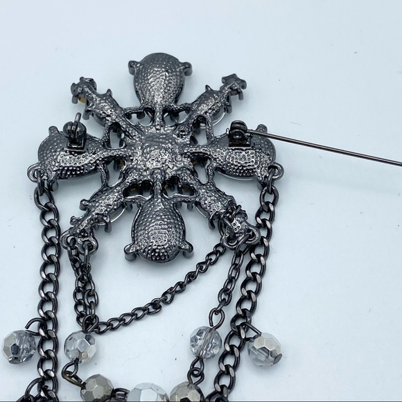 Multi Faceted Rhinestone Gunmetal Tone Dangling Chain Bead Statement Brooch Pin - Picture 11 of 12